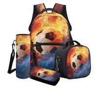 Finagallathe Ensemble sac à dos d'école 4 en 1 pour garçons avec boîte à déjeuner et trousse à crayons, ensemble sac à dos pour la rentrée scolaire, Orange et bleu - Fire Football, Ensemble cartable