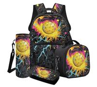 Finagallathe Ensemble sac à dos d'école 4 en 1 pour garçons avec boîte à déjeuner et trousse à crayons, ensemble sac à dos pour la rentrée scolaire, Noir - Fire Pickleball Ink Splash, Ensemble