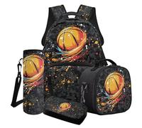 Finagallathe Ensemble sac à dos d'école 4 en 1 pour garçons avec boîte à déjeuner et trousse à crayons, ensemble sac à dos pour la rentrée scolaire, Noir - Basketball Ink Splash, Ensemble cartable