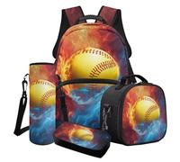 Finagallathe Ensemble sac à dos d'école 4 en 1 pour garçons avec boîte à déjeuner et trousse à crayons, ensemble sac à dos pour la rentrée scolaire, Orange et bleu - Balle molle Fire, Ensemble