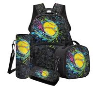 Finagallathe Ensemble sac à dos d'école 4 en 1 pour garçons avec boîte à déjeuner et trousse à crayons, ensemble sac à dos pour la rentrée scolaire, Noir - Softball Ink Splash, Ensemble cartable