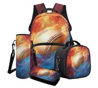 Finagallathe Ensemble sac à dos d'école 4 en 1 pour garçons avec boîte à déjeuner et trousse à crayons, ensemble sac à dos pour la rentrée scolaire, Orange et bleu - Fire Baseball, Ensemble cartable