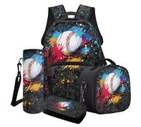 Finagallathe Ensemble sac à dos d'école 4 en 1 pour garçons avec boîte à déjeuner et trousse à crayons, ensemble sac à dos pour la rentrée scolaire, Noir - Baseball Ink Splash, Ensemble cartable