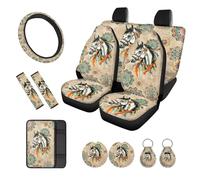 Finagallathe Housses de siège complètes en tissu imprimé cheval pour voitures - Motif floral mandala bohème - Housse de volant pour console centrale - Coussinets de ceinture de sécurité - Coussins