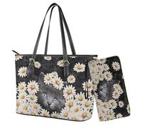 Finagallathe Joli sac à main et portefeuille en cuir synthétique pour femme - Grand sac fourre-tout élégant, Noir et blanc - Marguerite de chat bleu russe