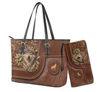 Finagallathe Lot de 2 sacs fourre-tout et portefeuille en cuir synthétique avec poignée sur le dessus et sangle réglable pour femme, Marron - Loup