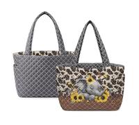 Finagallathe Sac fourre-tout bicolore matelassé réversible pour femme pour un usage quotidien, Marron et gris - éléphant tournesol vache