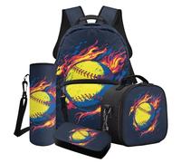 Finagallathe Sacs à dos pour enfants de grande capacité avec boîte à déjeuner, trousse à crayons, sac de transport de bouteille d'eau pour garçons d'école primaire, Noir et jaune - Balle molle Fire