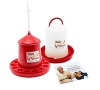FINCA CASAREJO Pack Mangeoire et abreuvoir pour poules et autres oiseaux - Mangeoire et abreuvoir Happy Chickens de 8 kg et 10 l - Plastique robuste - Guide pratique d'alimentation des poules