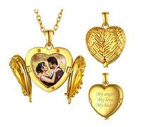 FindChic Collier Doré Photo Personnalisable Aile d'Ange pour Femme Fille Charm Pendentif Photo Dedans Bijoux Gravé pour Anniversaire Saint Valentin Noël