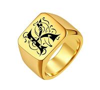 FindChic Personnalisé Initiale Lettre A-Z Grande Chevaliere Or pour Homme Acier Inoxydable Or 72 Bague Texte Gravure Ado Garcon Gros Anneau Plat Large Punk Chunky