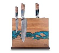 FINDKING Bloc Couteaux Magnétique Bois Résine Époxy Bleue Double Face | Bois acacia, résine époxy bleue, bloc couteaux magnétique double face, support cuisine, aimants puissants, freestanding