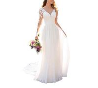 Findlovewedding Robes de mariée avec appliques en dentelle, en mousseline de soie, coupe trapèze, robe à manches longues, robe de mariée de plage