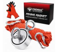 FINDMAG Ensemble de pêche magnétique, aimant de pêche à forte force de traction de 300 kg, pêche à aimant rond en néodyme avec anneaux double face, pour récupérer dans la rivière, Diamètre 60 mm