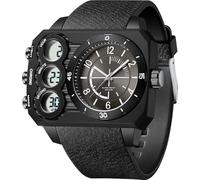 findtime Montre numérique analogique pour homme - Double fuseau horaire - Pour le sport - Carrée - Alarme - Chronomètre - Compte à rebours LED - Lumineux - Relojes para Hombres, Entièrement noir
