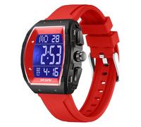 findtime Montre numérique pour homme Tonneau Sport Montre-bracelet étanche Mode Grand Chiffre LED Alarme Hommes Montre Calendrier Double Time Casual Bracelet en Silicone, Rouge, Décontracté