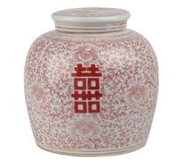 Fine Asianliving Pot à Gingembre Chinois Rouge Blanc Porcelaine Double Bonheur D23xH23cm Chinois Vase avec Couvercle Asiatique Jingdezhen Mandarin Décorative
