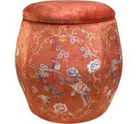 Fine Asianliving Tabouret de rangement en velours avec couvercle Pouf rond rouge motif oiseau D46xH46cm