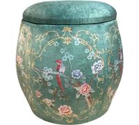 Fine Asianliving Tabouret de rangement en velours avec couvercle Pouf rond vert motif oiseau D46xH46cm