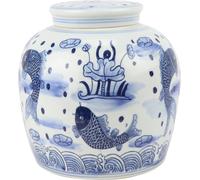 Fine Asianliving Vase chinois avec couvercle Porcelaine Bleu Blanc Poisson Koi Peint à la main D23xH23cm Vase décoratif Vase de fleurs Céramique orientale Vase Décoration Vase moderne Décoration de ta