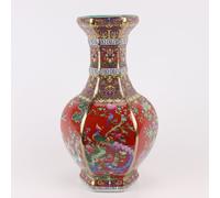 Fine Asianliving Vase chinois Porcelaine Fleurs Oiseaux Rouge D19xH32cm Vase décoratif Vase de fleurs Céramique orientale Vase Décoration Vase Décoration de table moderne