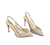 Fine Heel Pointy Diamond Pumps Pearl Wedding Shoes Sparkles Baotou Glass Glue High-Heeled Sandals(Champagne 6CM Heel,41)