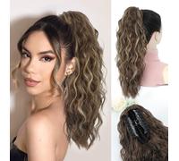 FINE PLUS Extensions de cheveux synthétiques bouclés et ondulés à clipser pour queue de cheval - 45,7 cm - Pour un usage quotidien et une fête - Brun foncé