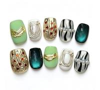 Fine Point Matcha Muse Lot de 10 ongles à presser courts faits à la main, ballerine magnétique, velours bleu sarcelle, menthe, feuille dorée, accents de perles imprimé zèbre, cœur chromé, ongles d'art