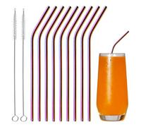 FINEASY Lot de 10 Pailles Inoxydable Réutilisables 6 mm, Paille Metal Colorée en Acier Inoxydable avec 2 Brosses de Nettoyage, Paille Bubble Tea pour Cocktail, Jus, Café, Milkshakes (Courbée)