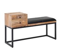 FineBuy Banc 100x35x60 cm Bois Massif Cuir Véritable Noir, Tiroir