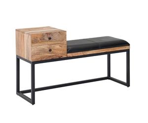 FineBuy Banc 100x35x60 cm Bois Massif Cuir Véritable Noir, Tiroir