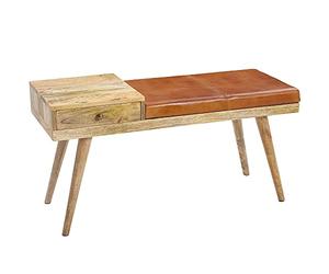 FineBuy Banc 100x38x52 cm Bois Massif Cuir Véritable avec Tiroir | banquette rembourré au style rétro, banc d'entrée avec rangement pour chambre, entrée et salon