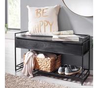 FineBuy Banc 90x38x52 cm Bois Massif Manguier Noir avec Rangement | banc d'entrée range-chaussures, banc d'entrée en bois massif piètement métal, banc à chaussures artisanal, pièce unique