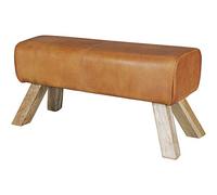 FineBuy Banc Bois Massif Cuir Rembourré 90 x 43 x 30 cm Style Rétro | Banquette de Lit Véritable Cuir Brun Couloir