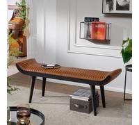 FineBuy Banc 125x38x51 cm Bois Massif Cuir Véritable Marron, Rétro