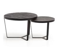 FineBuy Lot de 2 tables basses rondes en bois d'acacia massif / aspect pierre avec structure en métal - Table basse moderne - 2 pièces - Noir/anthracite