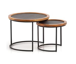 FineBuy Mango Lot de 2 tables basses, rondes, en bois massif, aspect pierre, avec structure en métal, table basse moderne, table d'appoint 2 pièces, marron/anthracite