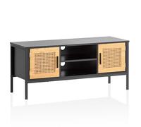 FineBuy Meuble TV Bas, Noir/chêne avec Treillis viennois 110 x 48 x 40 cm, Design Intemporel, Meuble TV Haut, Meuble TV avec Portes, Meuble TV pour salon en rotin