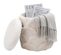 FineBuy Pouf de Rangement en Tissu Teddy 40cm Crème Blanc Rond - Design Pouf en Tissu Boho avec Couvercle Amovible - Pouf de Coiffeuse - Pouf d'appoint pour Salon Fait Main