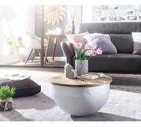 FineBuy Table Basse Mango en Bois Massif/Metal Blanc 60 x 34 x 60 cm | Table d'appoint de Style Moderne | Table de Salon avec Espace de Stockage Rond