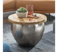 FineBuy Table Basse Ronde 60x60x43 cm Bois Massif Manguier Métal Rangement