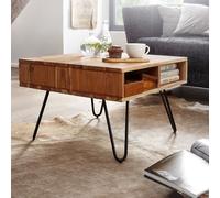 FineBuy Table Basse de Salon Acacia Bois et Metal 60x60x40 cm Carrée Marron | Petite Table de Canapé avec Rangement | Design Table d'appoint Style Industriel