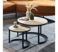 FineBuy Table basse en bois massif Table de salon 2 pièces ronde Set tressé viennois