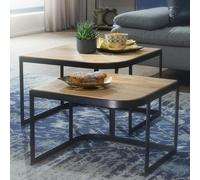 FineBuy Table Basse Lot de 2 60x60x40 cm Bois Massif Manguier Marron Clair | tables d'appoint au style industriel avec pieds noirs en métal, tables de salon en bois véritable, fait main