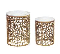 FineBuy Table Basse Lot de 2 Dorée avec Blanche Plateau en Marbre, Rond