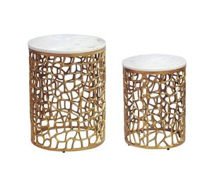 FineBuy Table Basse Lot de 2 Dorée avec Blanche Plateau en Marbre, Rond