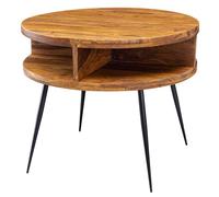 FineBuy Table Basse Ronde 60 cm Bois Massif Sheesham avec Étagère Ouverte | table de salon avec noire pieds en métal, bout de canapé en bois véritable, fait main, chaque pièce est unique