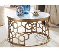 FineBuy Table Basse de Salon Marbre Véritable et Métal 60x60x36 cm Ronde Or | Petite Table de Canapé Blanc | Design Table d'appoint Style Moderne