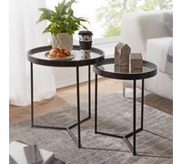 FineBuy Table d'appoint 2pcs ronde noire miroir verre Table de salon Table de salon