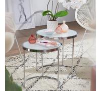 FineBuy Table d'appoint 2pcs ronde Table de salon blanche verre Table basse argentée